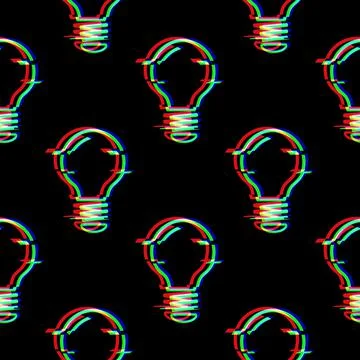 Vector seamless pattern with Light Bulb line symbol in glitch style. Electric Stock Illustration