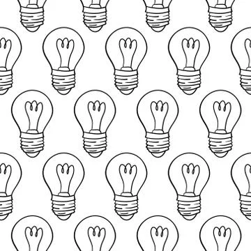Vector seamless pattern with light bulbs. Hand drawn black and white design. Illustrazione stock
