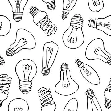 Vector seamless pattern with light bulbs. Hand drawn black and white design. Stock Illustration