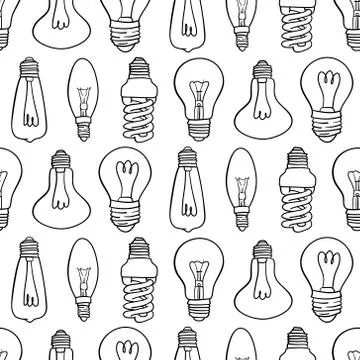 Vector seamless pattern with light bulbs. Hand drawn black and white design. Illustrazione stock