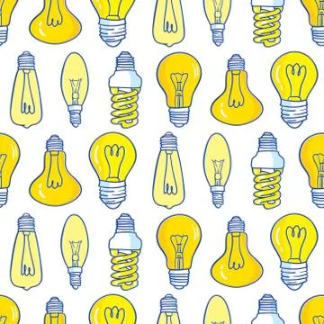 Vector seamless pattern with light bulbs. Hand drawn design. Illustrazione stock