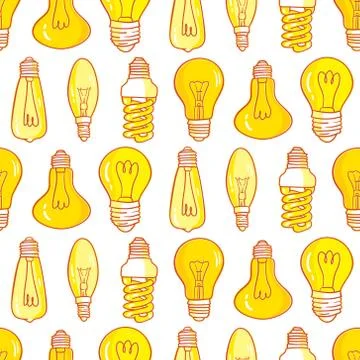Vector seamless pattern with light bulbs. Hand drawn design. Stock Illustration