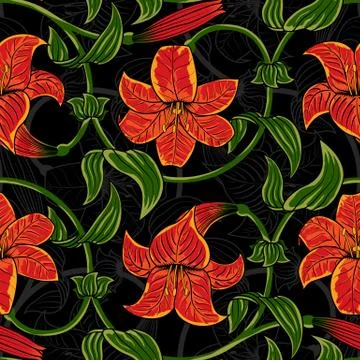 Vector seamless pattern with lily flowers on dark background. tropical summer 스톡 일러스트