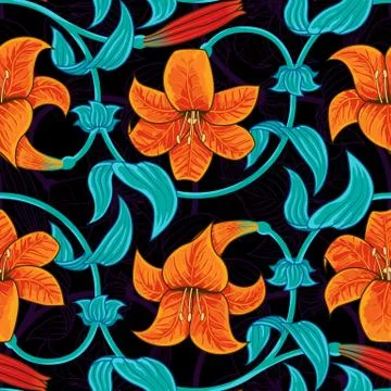 Vector seamless pattern with lily flowers on dark background. tropical summer Illustrazione stock