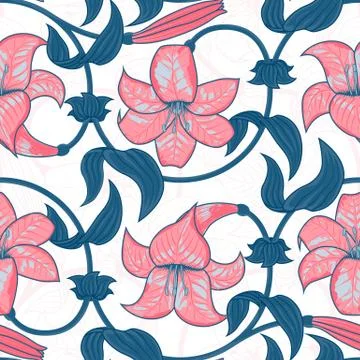 Vector seamless pattern with lily flowers on white background. tropical summer Illustrazione stock