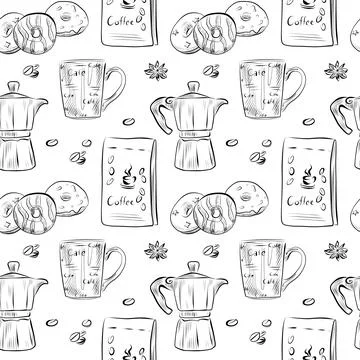 Vector seamless pattern line art elements coffee shop 库存插图