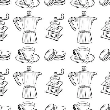 Vector seamless pattern line art elements coffee shop Stock Illustration