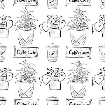 Vector seamless pattern line art elements coffee shop Stock Illustration