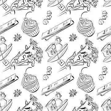 Vector seamless pattern line art elements coffee shop Stock Illustration