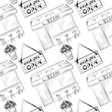 Vector seamless pattern line art elements coffee shop Stock Illustration