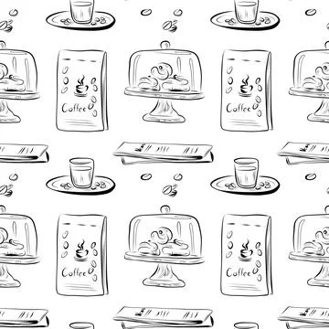 Vector seamless pattern line art elements coffee shop 库存插图