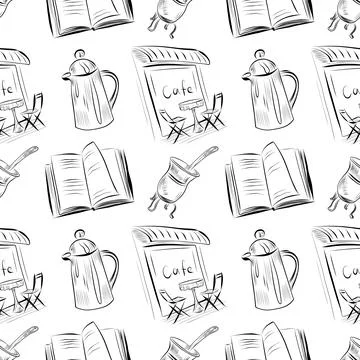 Vector seamless pattern line art elements coffee shop Stock Illustration