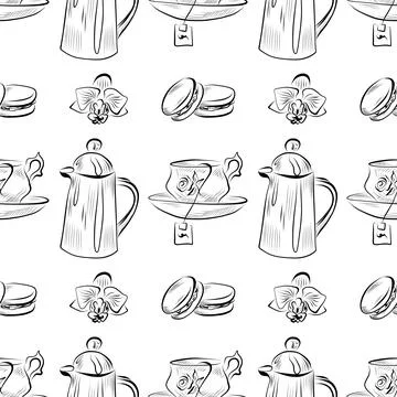 Vector seamless pattern line art elements coffee shop Stock Illustration