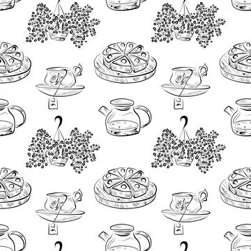 Vector seamless pattern line art elements coffee shop Stock Illustration