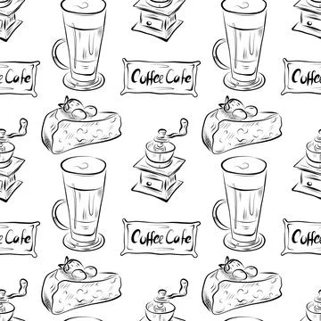Vector seamless pattern line art elements coffee shop Stock Illustration