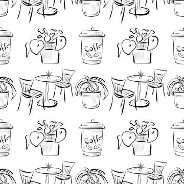 Vector seamless pattern line art elements coffee shop Stock Illustration