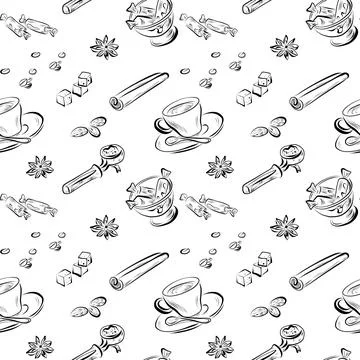 Vector seamless pattern line art elements coffee shop Stock Illustration