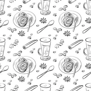 Vector seamless pattern line art elements coffee shop Stock Illustration