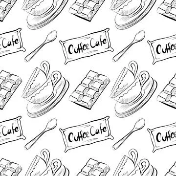 Vector seamless pattern line art elements coffee shop Stock Illustration