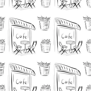 Vector seamless pattern line art elements coffee shop Stock Illustration