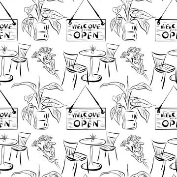 Vector seamless pattern line art elements coffee shop 库存插图