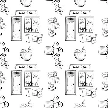Vector seamless pattern line art elements coffee shop 库存插图