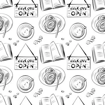 Vector seamless pattern line art elements coffee shop Stock Illustration