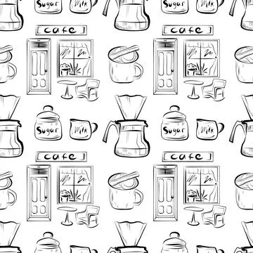 Vector seamless pattern line art elements coffee shop Stock Illustration