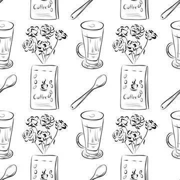 Vector seamless pattern line art elements coffee shop Stock Illustration