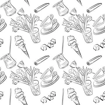Vector seamless pattern line art elements coffee shop Stock Illustration