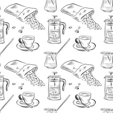 Vector seamless pattern line art elements coffee shop Stock Illustration