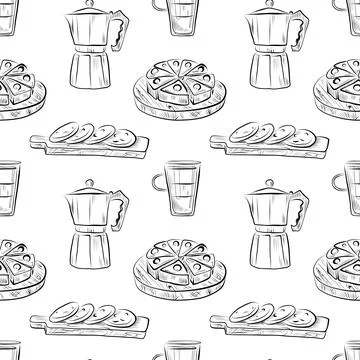 Vector seamless pattern line art elements coffee shop Stock Illustration