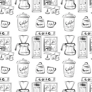 Vector seamless pattern line art elements coffee shop Stock Illustration