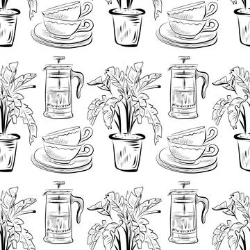 Vector seamless pattern line art elements coffee shop 库存插图