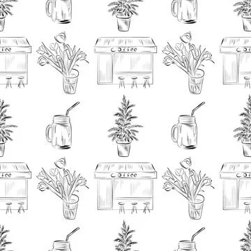 Vector seamless pattern line art elements coffee shop 库存插图