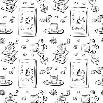 Vector seamless pattern line art elements coffee shop Stock Illustration