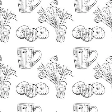 Vector seamless pattern line art elements coffee shop 库存插图