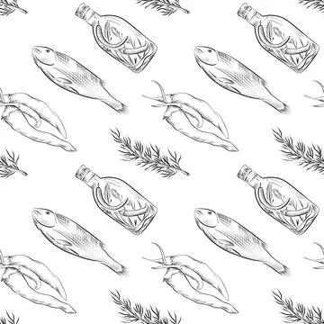 Vector seamless pattern line art elements - food, cuisine Illustrazione stock