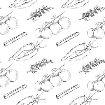 Vector seamless pattern line art elements - food, cuisine Stock Illustration