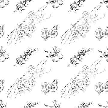 Vector seamless pattern line art elements - food, cuisine Stock Illustration