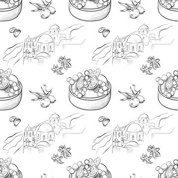 Vector seamless pattern line art elements - food, cuisine Stock Illustration
