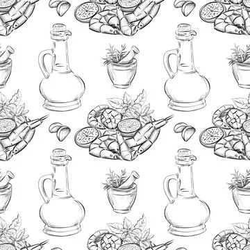 Vector seamless pattern line art elements - food, cuisine Stock Illustration