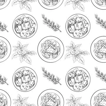 Vector seamless pattern line art elements - food, cuisine Stock Illustration