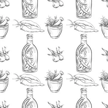 Vector seamless pattern line art elements - food, cuisine Illustrazione stock