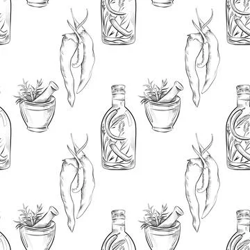 Vector seamless pattern line art elements - food, cuisine Stock Illustration