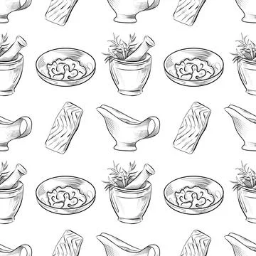 Vector seamless pattern line art elements - food, cuisine Stock Illustration