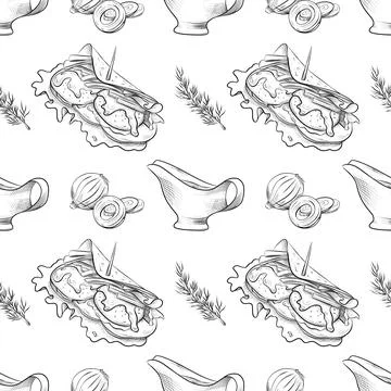 Vector seamless pattern line art elements - food, cuisine Stock Illustration