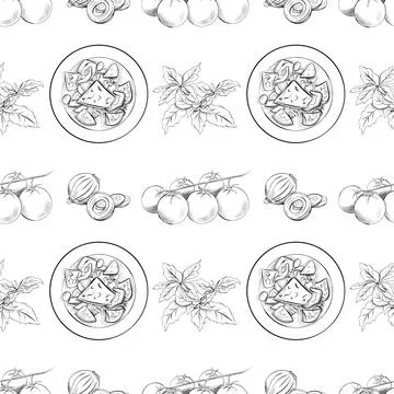 Vector seamless pattern line art elements - food, cuisine Stock Illustration