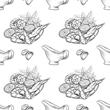 Vector seamless pattern line art elements - food, cuisine Stock Illustration