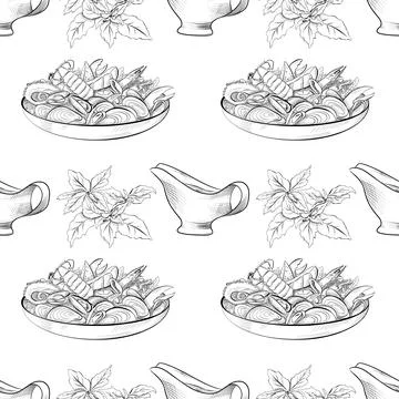 Vector seamless pattern line art elements - food, cuisine Stock Illustration